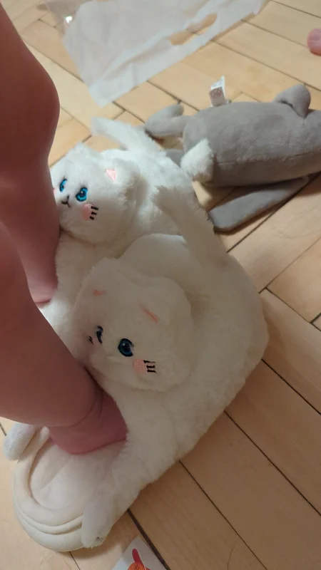 Kawaii Cat with Tail Plush Slippers photo review