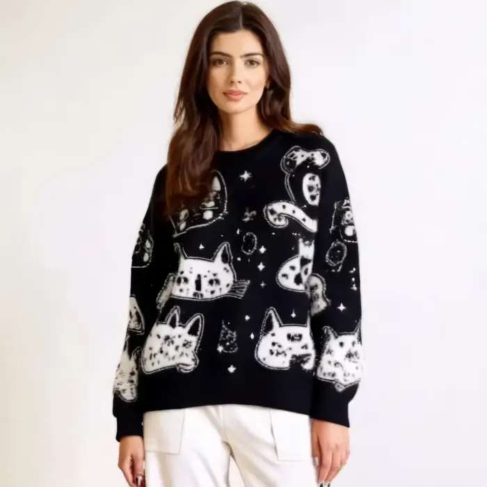 Cute Goth Cat Pattern Oversized Sweater
