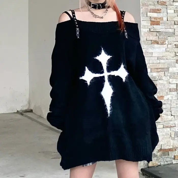Cute Goth Cross Pattern Off-Shoulder Sweater