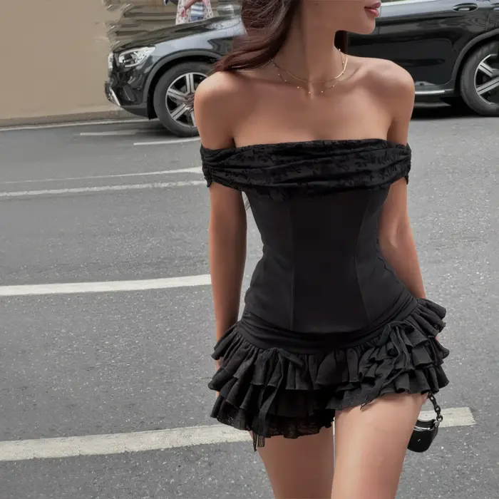 Cute Goth Strapless Two-Piece Ruffle Mini-Dress