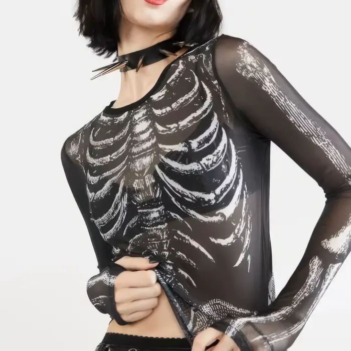 Cute Goth Skeleton Pattern Long Sleeve Blouse