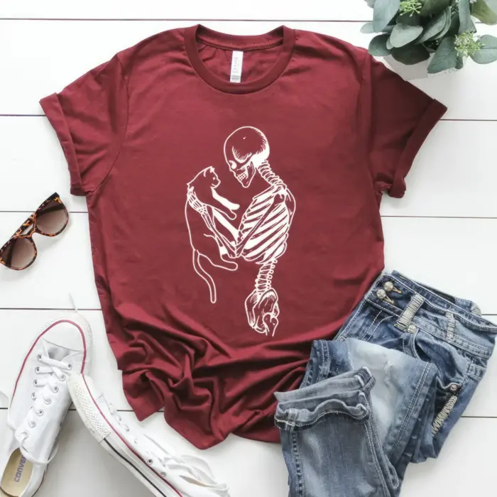 Cute Goth Skeleton Holding a Cat T-Shirt