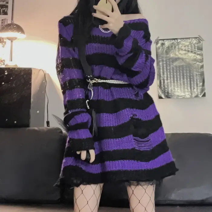 Pastel Goth Striped Purple Sweater Dress