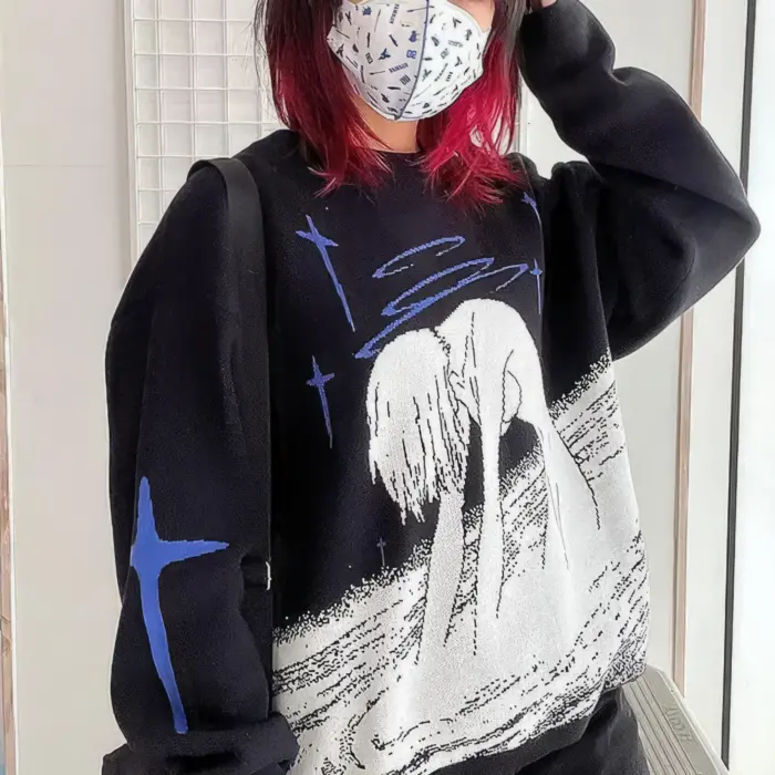 Cute Goth Cartoon Style White Silhouette Sweater