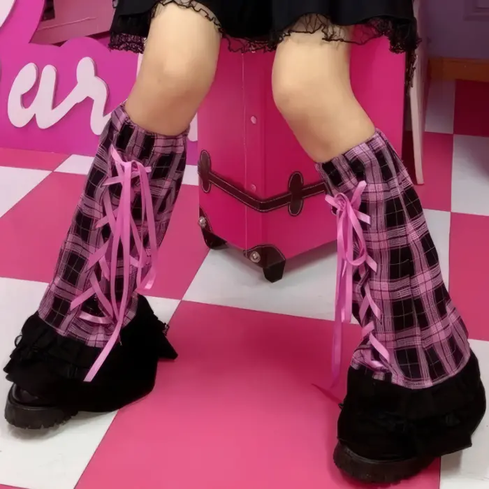 Pastel Goth Pink Ribbon Bows Plaid Leg Warmer Socks