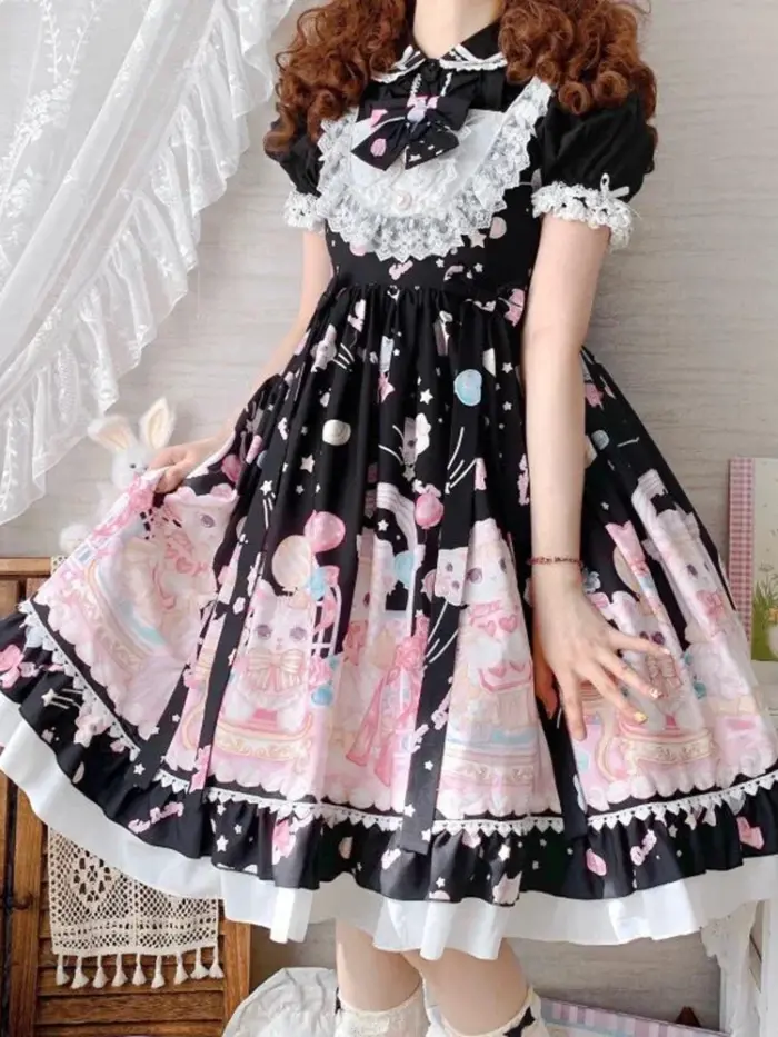 Pastel Goth Kawaii Cat Printing Dress